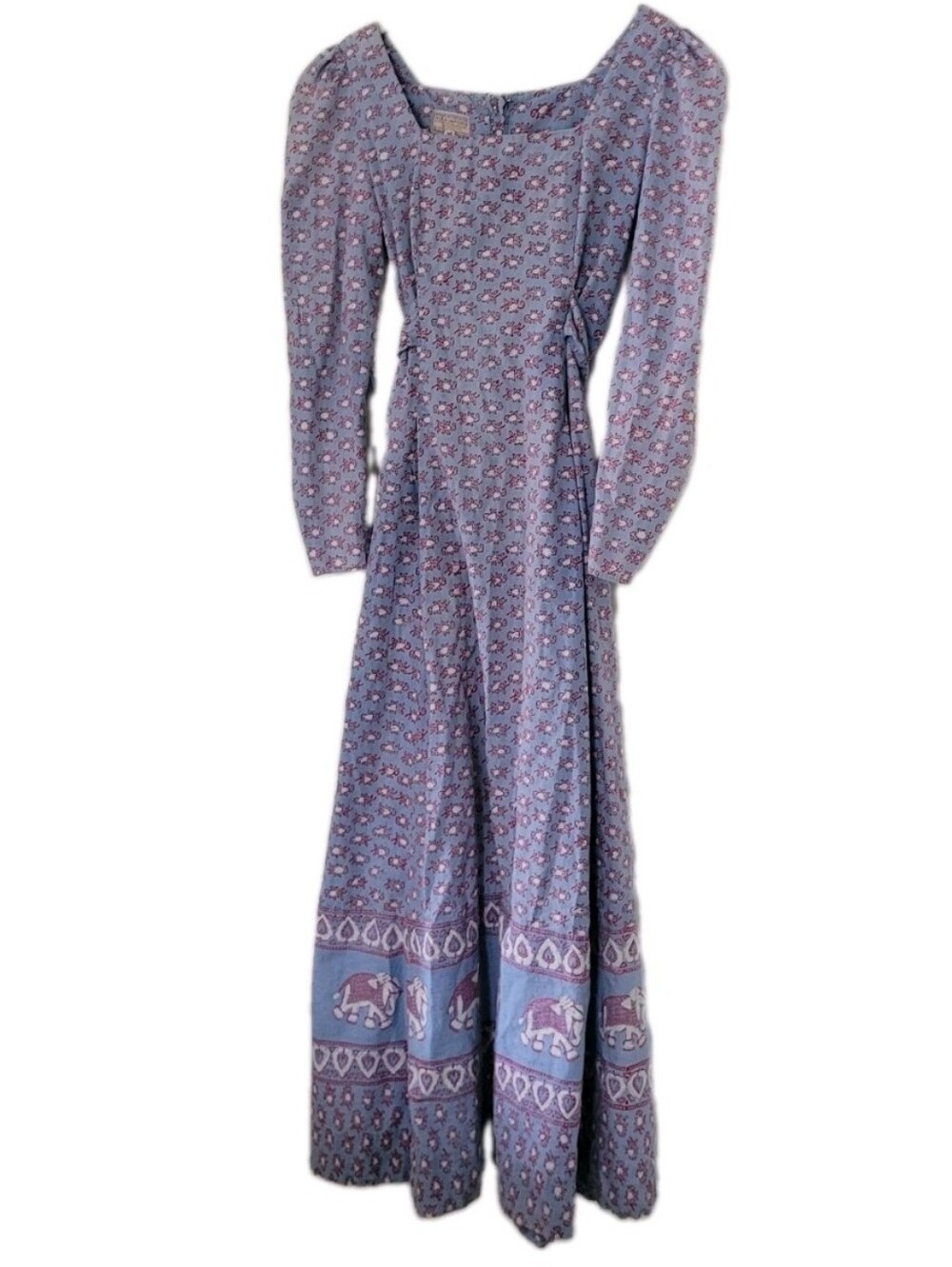 Vintage 1970s Indian Block Print Print Cotton Maxi Dress Elephants Boho Hippie M